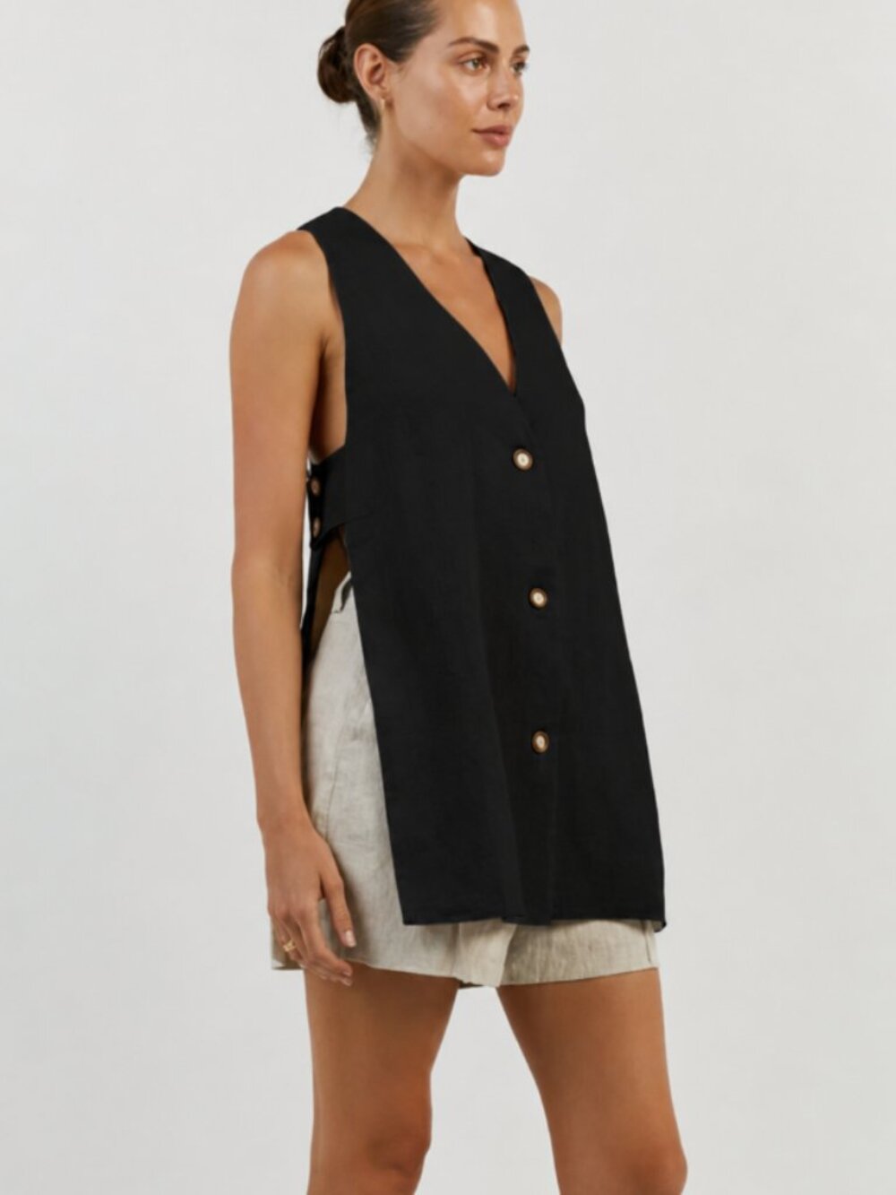 DISSH Logan 100% Linen Longline Structured Top Black US 8 $170